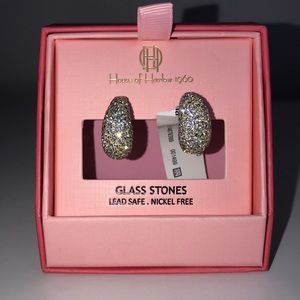 Sparkly glass stone tear drop hoop earrings